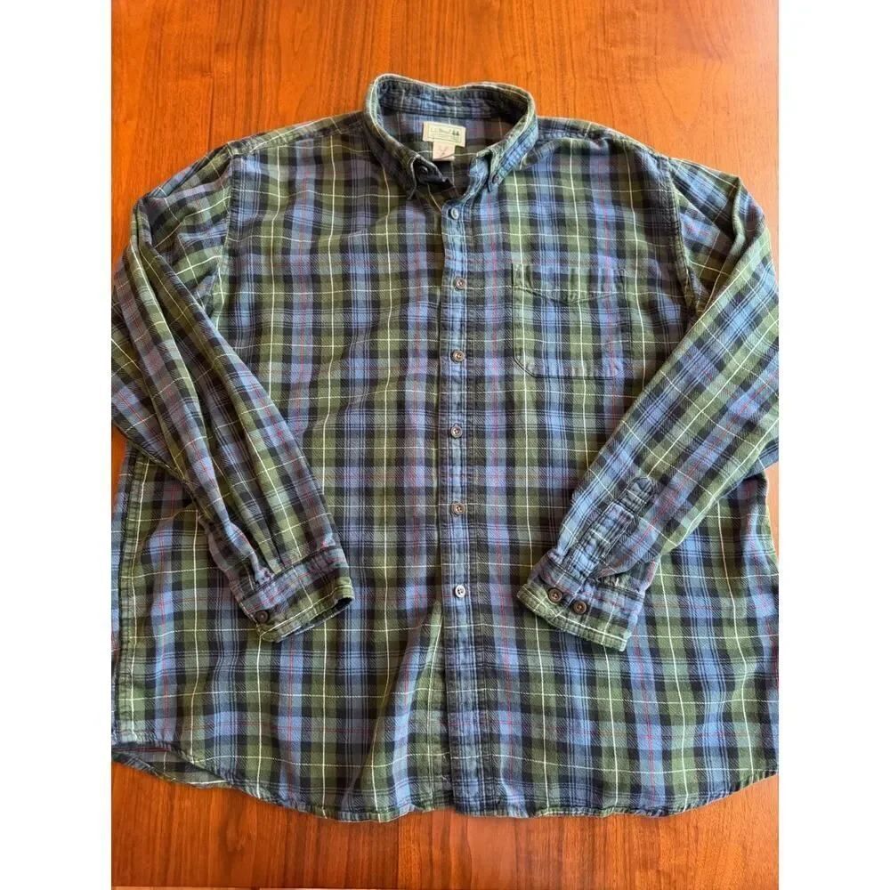 Vintage L.L.Bean Men's Plaid Blue & Green Flannel Button Down Shirt - Size XL